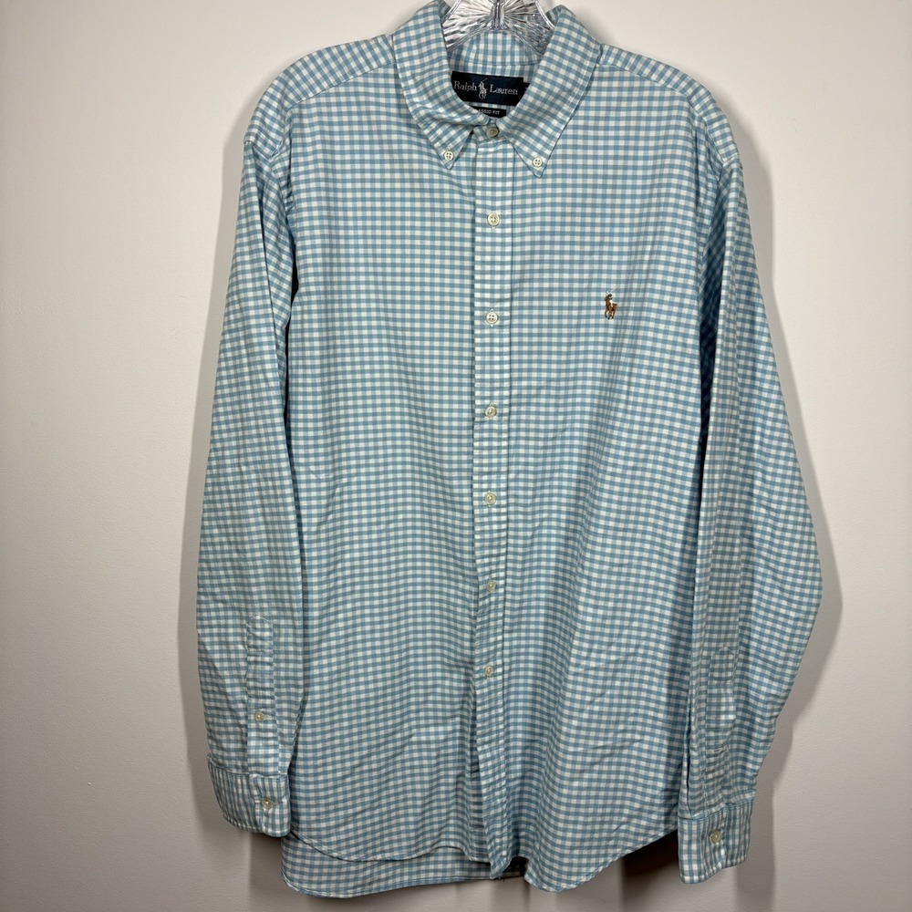 Ralph Lauren Men Gingham Check Shirt Size XL Light Blue‎ Long Sleeve Button Down - Picture 2 of 10